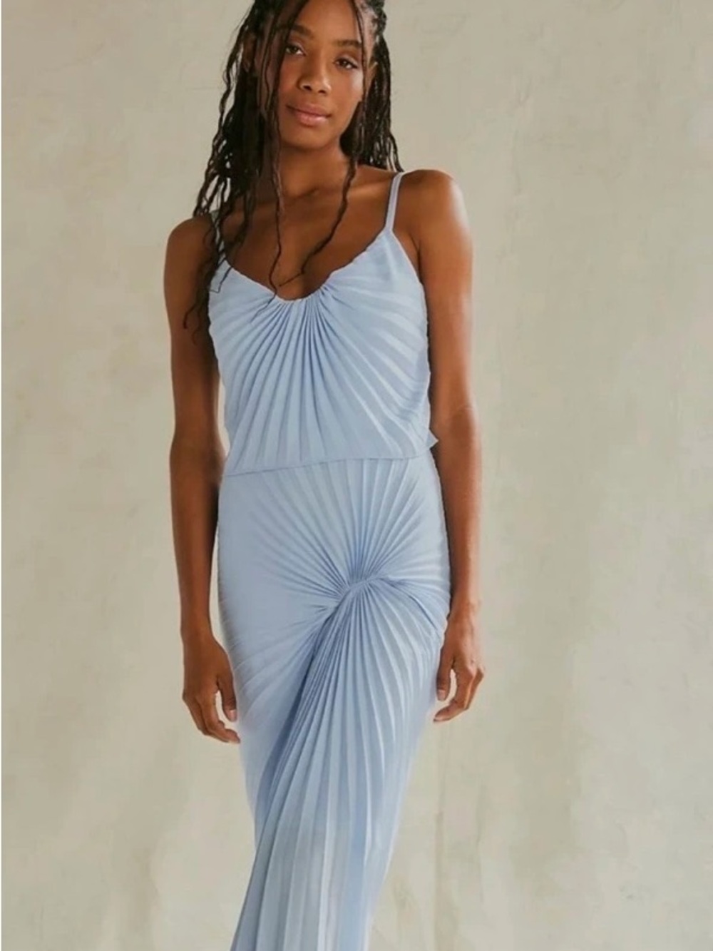 Light Blue Pleated Midi Dress with Spaghetti Straps